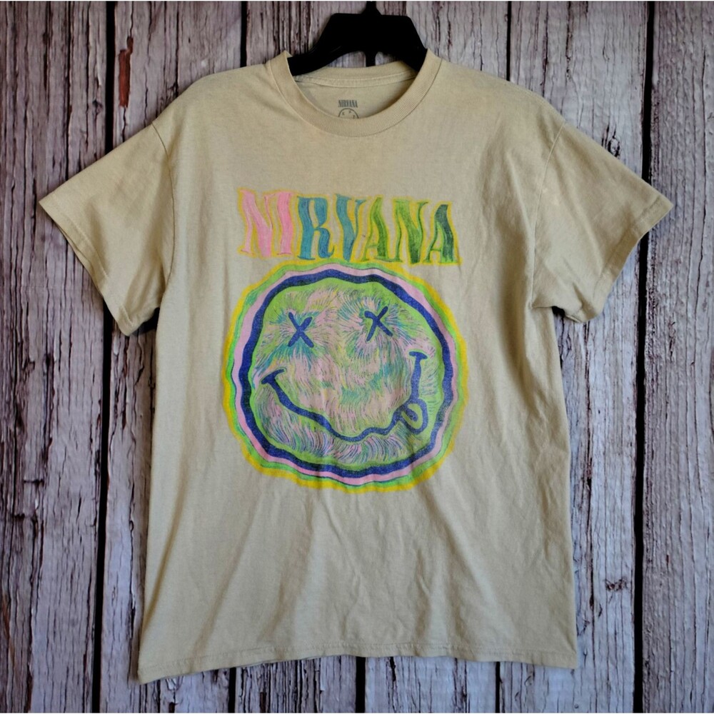 Nirvana Medium T-Shirt Smiley Face Rainbow Hued Cream Mens Scribbled Colorful
